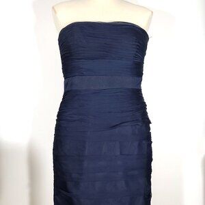 ML Monique Lhuillier Strapless Dress Chiffon Bridesmaid Cocktail Navy Blue Sz 8